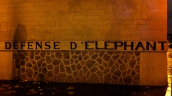 A play on words: "Defense of the Elephant" v. "Do not post" ("Défense d'afficher")